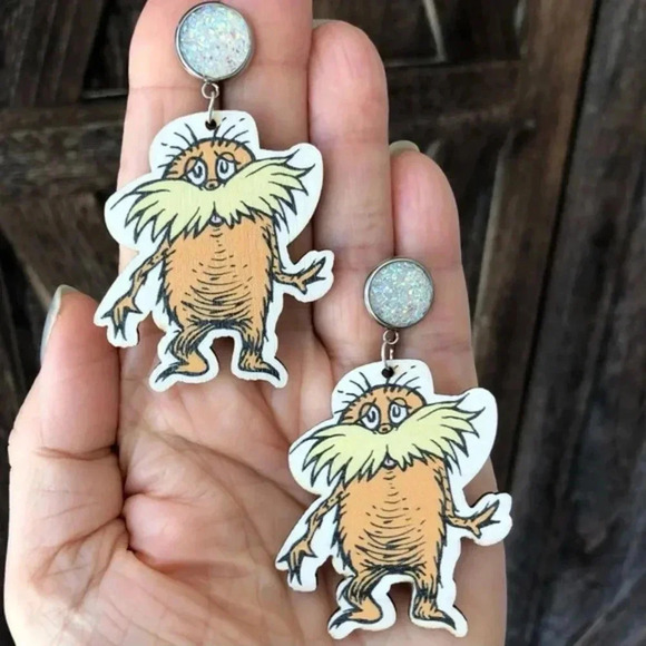 The Lorax Book Teacher Reading Librarian School Die Cut Wood Earrings New NWT - Picture 1 of 3